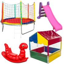 Kit Pula Pula Trampolim 2,30m Piscina de Bolinhas Quadrada 1,00m Escorregador Médio Gangorra 1 Lugar Kit Pula Pula Trampolim 2,30m Piscina de Bolinhas Quadrada 1,00m Escorregador Médio Gangorra 1 Lugar