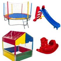 Kit Pula Pula Trampolim 2,30m Piscina de Bolinhas Quadrada 1,00m Escorregador Médio Gangorra 1 Lugar