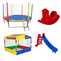 Kit Pula Pula Trampolim 2,30m Piscina de Bolinhas Quadrada 1,50m Escorregador Médio Gangorra 1 Lugar
