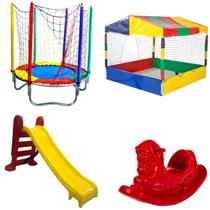 Kit Pula Pula Trampolim Cama Elástica 1,40m Piscina de Bolinhas Quadrada 1,50m Escorregador Médio Gangorra 1 Lugar