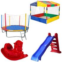 Kit Pula Pula Trampolim Cama Elástica 2,30m Piscina de Bolinhas Quadrada 1,50m Escorregador Grande Gangorra 1 Lugar Rotoplay Brinquedos