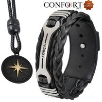 Kit Pulseira Ajustável Couro Preto Masculino Força e Colar Cordão Bússola