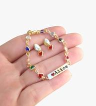 Kit Pulseira + Brinco coração Menina chapinha Nome folheado a Ouro 18k