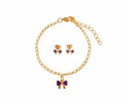 Kit Pulseira + Brinco Infantil Menina Folheado Ouro 18k Antialérgico