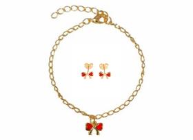 Kit Pulseira + Brinco Infantil Menina Folheado Ouro 18k Antialérgico