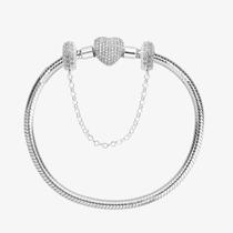 Kit Pulseira Coração Cravejado Trava de Segurança Cravejada Prata 925