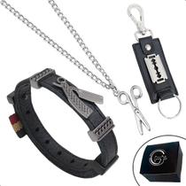 Kit Pulseira Couro Colar Corrente e Chaveiro Barbearia Navalha Tesoura Lâmina
