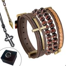 Kit Pulseira Cruz Bracelete Colar Ajustável Crucifixo