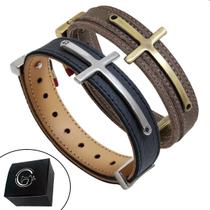 Kit Pulseira Cruz Bracelete Crucifixo Inox Couro Legítimo Jesus Fé Kit Pulseira Cruz Bracelete Crucifixo Inox Couro Legítimo Jesus Fé