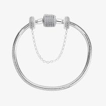 Kit Pulseira de Berloque Tambor Cravejada e Corrente de Segurança Cravejadas Prata 925