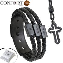 Kit Pulseira de Couro Foco Força Fé Trançada Ajustável e Colar Cruz Pingente Kit Pulseira de Couro Foco Força Fé Trançada Ajustável e Colar Cruz Pingente
