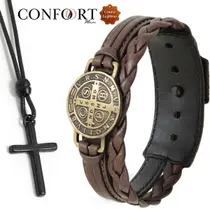Kit Pulseira de Couro Marrom São Bento Ouro Velho e Colar Cruz Preto Ajustável Kit Pulseira de Couro Marrom São Bento Ouro Velho e Colar Cruz Preto Ajustável