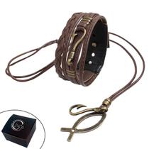 Kit Pulseira de Couro Masculina Anzol Marrom + Colar Peixe Ajustável