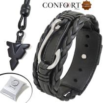 Kit Pulseira de Couro Masculina Anzol Marrom e Colar Asa Flecha Ajustável Kit Pulseira de Couro Masculina Anzol Marrom e Colar Asa Flecha Ajustável