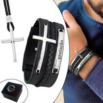 Kit Pulseira de Couro Masculina Cruz Proteção + Colar Cruz Ajustável