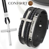 Kit Pulseira de Couro Masculina Gratidão Fé e Colar Cruz Ajustável