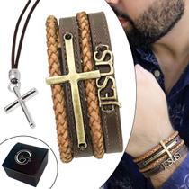 Kit Pulseira de Couro Masculina Jesus Cruz Marrom + Colar Cruz Ajustável