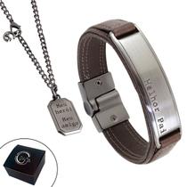 Kit Pulseira de Couro Masculina Melhor Pai + Colar Corrente Meu Héroi Dia dos Pais - GRANADO ACESSÓRIOS