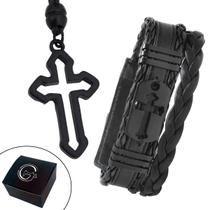 Kit Pulseira de Couro Masculina Tag Cruz Vazada + Colar Crucifixo Ajustável Kit Pulseira de Couro Masculina Tag Cruz Vazada + Colar Crucifixo Ajustável