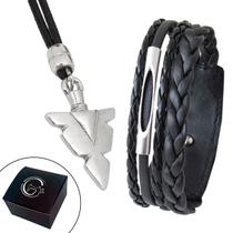 Kit Pulseira de Couro Masculina Tubinho + Colar Ponta de Flecha Ajustável