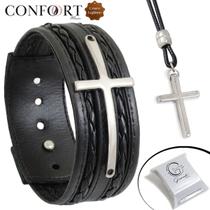 Kit Pulseira de Couro Preto Cruz Prateada e Colar Crucifixo Ajustável