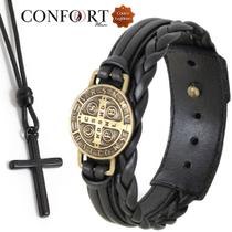 Kit Pulseira de Couro Preto São Bento Ouro Velho e Colar Cruz Ajustável Kit Pulseira de Couro Preto São Bento Ouro Velho e Colar Cruz Ajustável