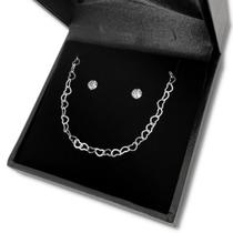 Kit Pulseira e Brinco Prata 925 Pedra Zircônia Elos Corações