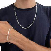 Kit Pulseira e Corrente Masculina 3x1 3mm 60cm de Prata 925 Legítima Maciça Italiana Original