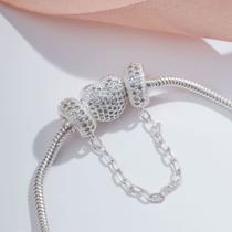 Kit Pulseira Fecho Coração Cravejado de Zircônias + trava de segurança pavê de cristais em prata 925