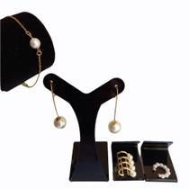 kit Pulseira Folheado Ouro 18K Corrente Pérola no Centro + brinco duas pérolas + 2 Piercings fake