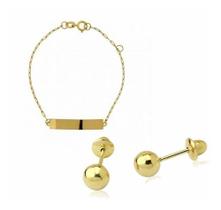 Kit Pulseira Ouro 18k Infantil Chapinha Com Brinco Bola 3mm