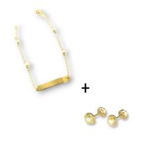 Kit Pulseira ouro 18k plaquinha c/nome+Brinco Pérolas bebê