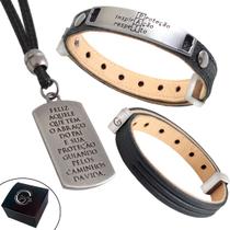 Kit Pulseira Pai Inspiração Proteção Respeito de Couro Ajustável + Colar