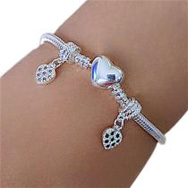 Kit Pulseira Prata 925 Para Berloque e 2 Berloques de Coração