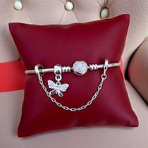 kit Pulseira Prata 925 Revestida Berloque Borboleta e Trava de Segurança