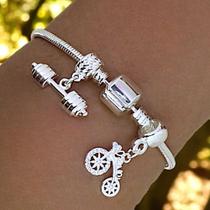 kit Pulseira Prata Berloques Academia e bicicleta kit Pulseira Prata Berloques Academia e bicicleta