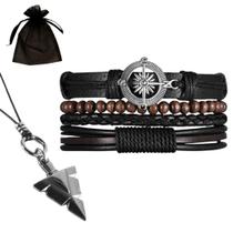 Kit Pulseiras Masculinas Couro + Colar Flecha