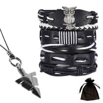 Kit Pulseiras Masculinas Couro Coruja Ajustável + Colar