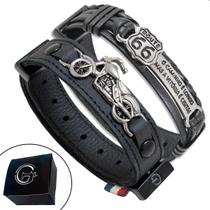 Kit Pulseiras Moto e Route 66 Couro Legítimo Inox