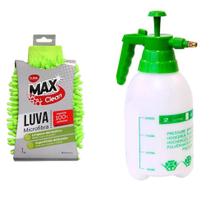 Kit Pulverizador Manual Pressão Luva Microfibra Lavagem - Clink Lavagem Motos Carros Rodas Plantas Hortas Flores