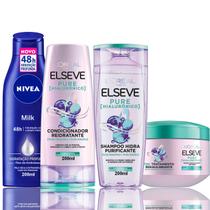 Kit Pure Hialurônico Cuidado Intenso Shampoo Condicionador 200ml Máscara 300g Elseve e Hidratante Corporal Nivea Milk