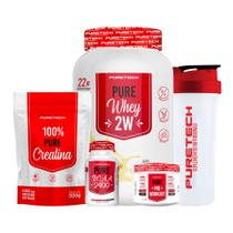 Kit Pure Whey 2W 900g+Creatina 100% Pura 500G + Bcaa 120Cps + PréTreino 100g+Coqueteleira PURETECH