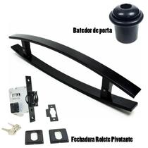 Kit puxador porta pivotante ( lugui ) aço inox preto + fechadura rolete pivotante preto +batedor / amortecedor porta preto
