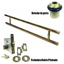 KIT Puxador Porta (SOFT) Aço Inox ouro velho + fechadura rolete pivotante ouro velho antique +Batedor/amortecedor porta ouro velho