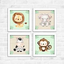 kit quadrinho decorativo 4 peças animais baby safari folhagem folhas - Decora Mania