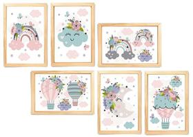 Kit quadro arco iris & nuvem & lua infantil decorativo quarto criança enxoval bebê