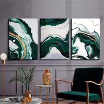 kit quadro decorativo 3 peças abstrato marmorizado verde aquarela decoração