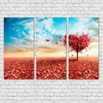 kit quadro decorativo 3 peças cerejeira vermelha formato de coração natural decoração