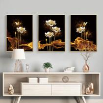 Kit quadro decorativo 3 peças flor reluzente dourado moderno decoração - Ana Decor