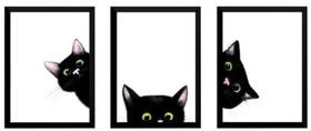 kit quadro decorativo 3 peças Gatos preto curiosos e engraçados animal felino decoração